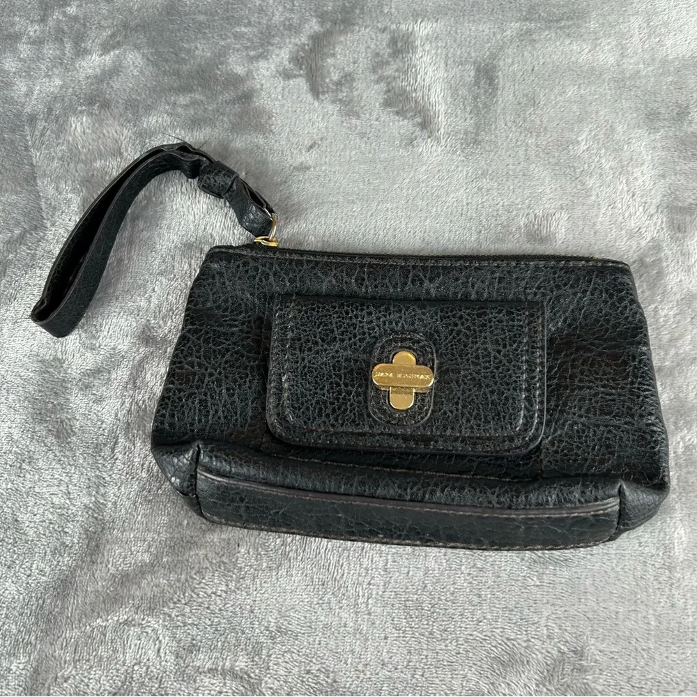 Dana Buchman Wristlet Black Pebbled Faux Leather Wrist Strap Brass Turn‎ Lock